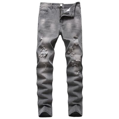 DGHM-JLMY Men's Casual Ripped Jeans Straight Fit Skinny Slim Fit Jeans with Holes Destroyed Distressed Tapered Leg Jean (Grey,28)