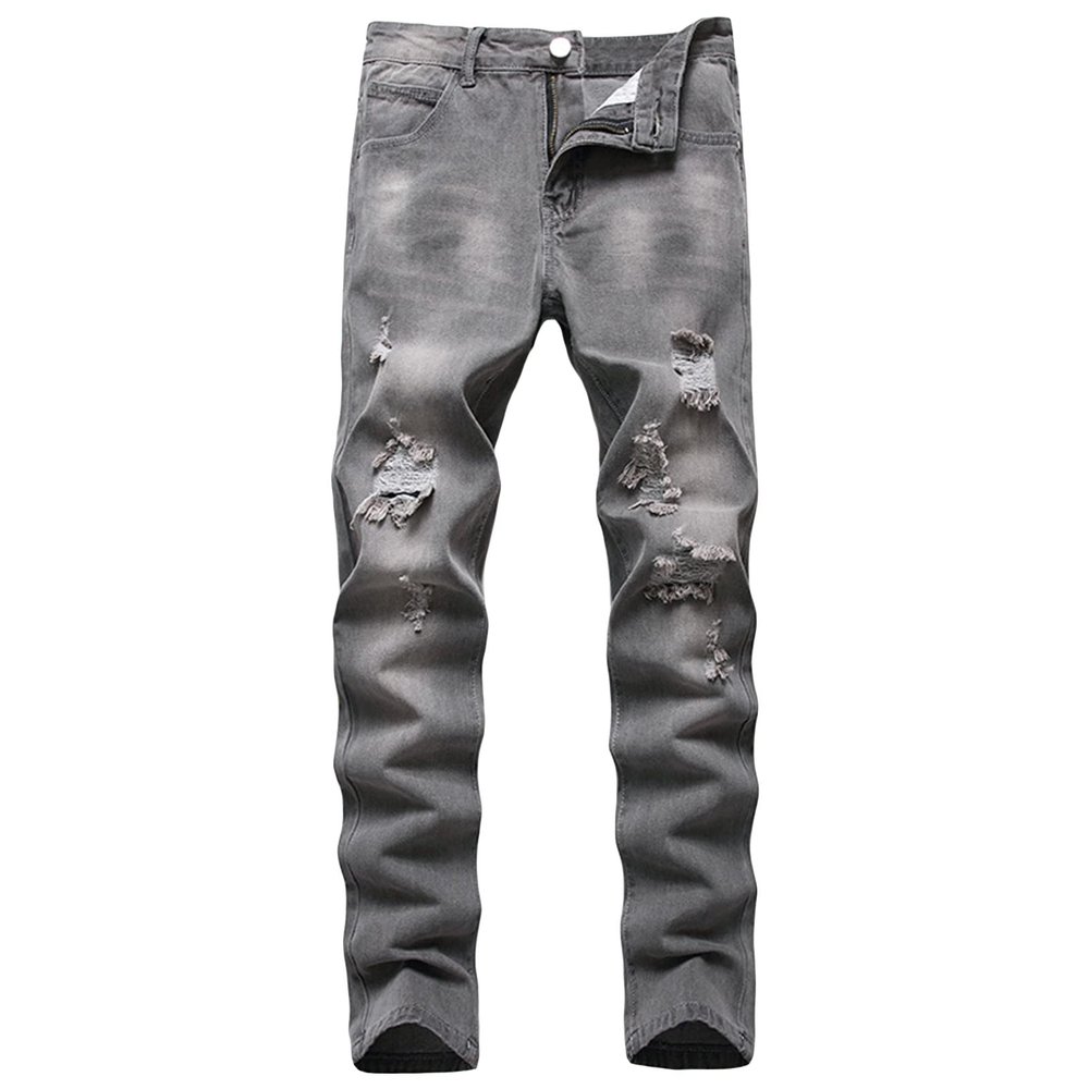 DGHM-JLMY Men's Casual Ripped Jeans Straight Fit Skinny Slim Fit Jeans with Holes Destroyed Distressed Tapered Leg Jean (Grey,28)