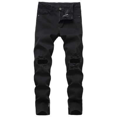DGHM-JLMY Men's Jeans with Zippered Holes Ripped Skinny Slim Fit Jeans Stretch Jeans Distressed Fashion Comfort Pants (Black,28)