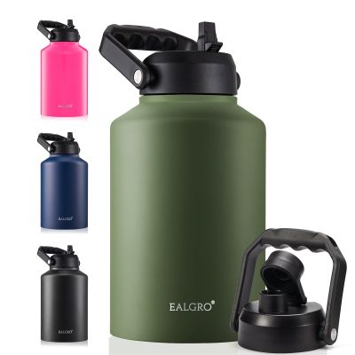 EALGRO Gallon Insulated Water Bottle Jug with Straw, 128 oz Large Stainless Steel Sports Metal Water Canteen With Handle, Thermal Water Cup Mug with 2 Lids, Army Green