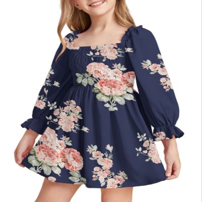 Girls Floral Ruffle Mini Dress Square Neck Lantern Sleeve Smocked Flower Chiffon Boho Sundress