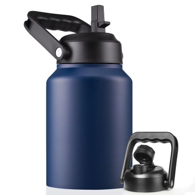 EALGRO Half Gallon Insulated Water Bottle Jug with Straw, 64 oz Large Stainless Steel Sports Metal Water Flask with Handle, Thermal Water Cup Mug with 2 Lids, Navy Blue