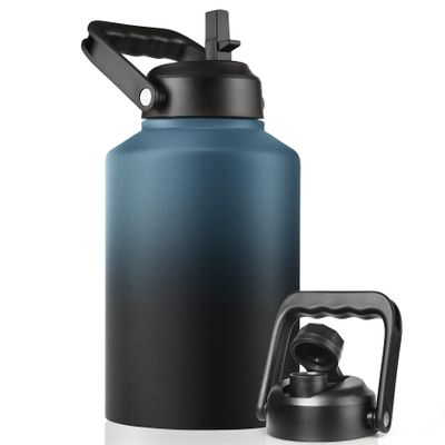 EALGRO Gallon Insulated Water Bottle Jug with Straw, 128 oz Large Stainless Steel Sports Metal Water Canteen With Handle, Thermal Water Cup Mug with 2 Lids, Indigo Black