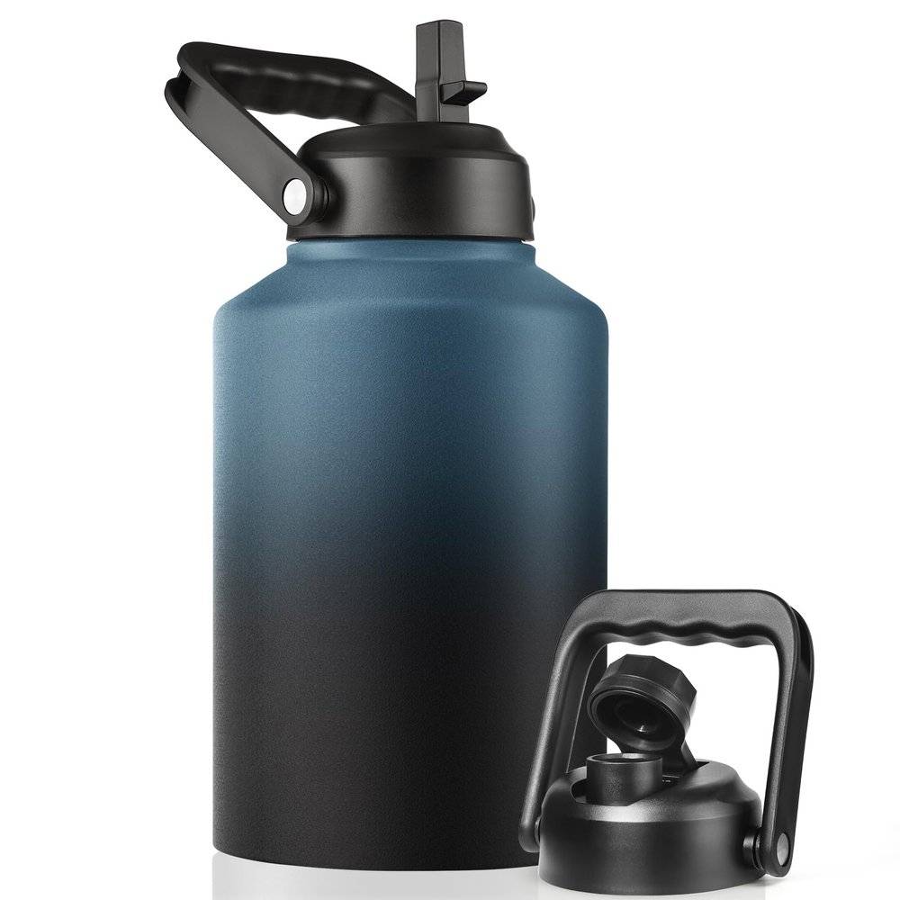 EALGRO Gallon Insulated Water Bottle Jug with Straw, 128 oz Large Stainless Steel Sports Metal Water Canteen With Handle, Thermal Water Cup Mug with 2 Lids, Indigo Black
