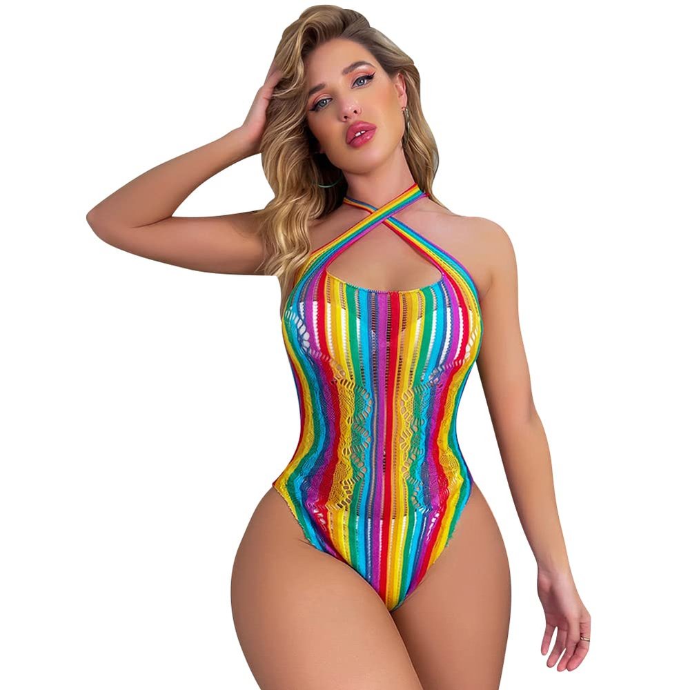 Rainbow Fishnet Rave Outfits for Women Festival Sexy Lingerie Stripper Outfits Exotic Sets 70s 80s Party Bodysuit Pole Dance Colorful Halter