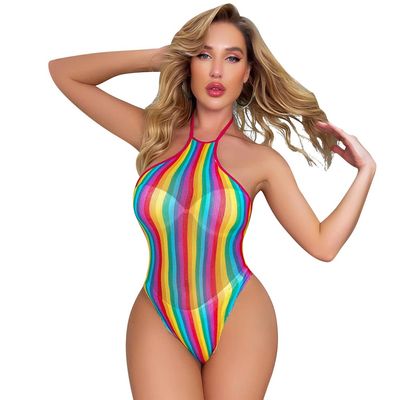 Rainbow Fishnet Rave Outfits for Women Festival Sexy Lingerie Stripper Outfits Exotic Sets 70s 80s Party Bodysuit Pole Dance Colorful Halter