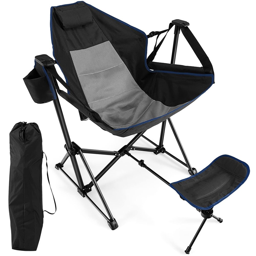 Giantex Outdoor Hammock Camping Chair - Rocking Chair with Removable Footrest, Adjustable Backrest, Pillow, Cup Holder, Storage Bag, Portable Fishing Chair for Poolside Patio Folding Chair (1, Black)