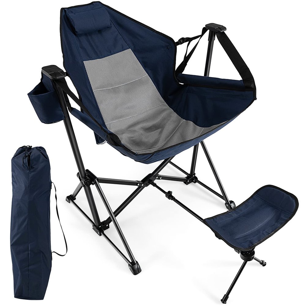 Giantex Outdoor Hammock Camping Chair - Rocking Chair with Removable Footrest, Adjustable Backrest, Pillow, Cup Holder, Storage Bag, Portable Swinging Chair for Poolside Patio Folding Chair (1, Navy)