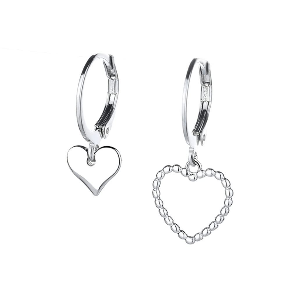 925 Sterling Silver Hoop Earrings for Women | Small Zircon Inlay Hoops Stud Earring Fashion Jewelry Gift (heart-asym)