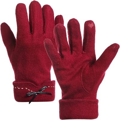 SKYPIG Korean New Plush Thickened Cycling Warm Bowknot Plush Gloves Mittens for Women Cold Weather Heated Winter (Color : Red-b, Size : One Size)