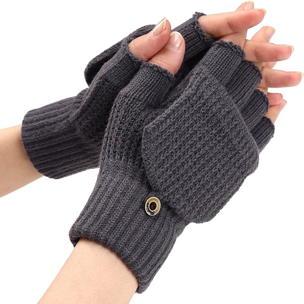 SKYPIG Winter Knit Convertible Fingerless Gloves Wool Gloves Thermal Gloves Unisex Women Mittens (Color : Gy2-1, Size : X-Large)