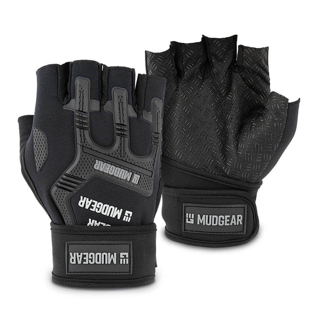 MudGear Gloves - Durable Fingerless Workout Gloves with Wrist Support for Obstacle Races and Fitness Training, Improves Grip, Protects Hands, Boosts Performance, Medium, Black