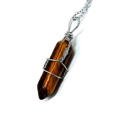 1 Wire-Wrapped Crystal Necklace Gemstone Pendant with Chain Charms Tiger Eye