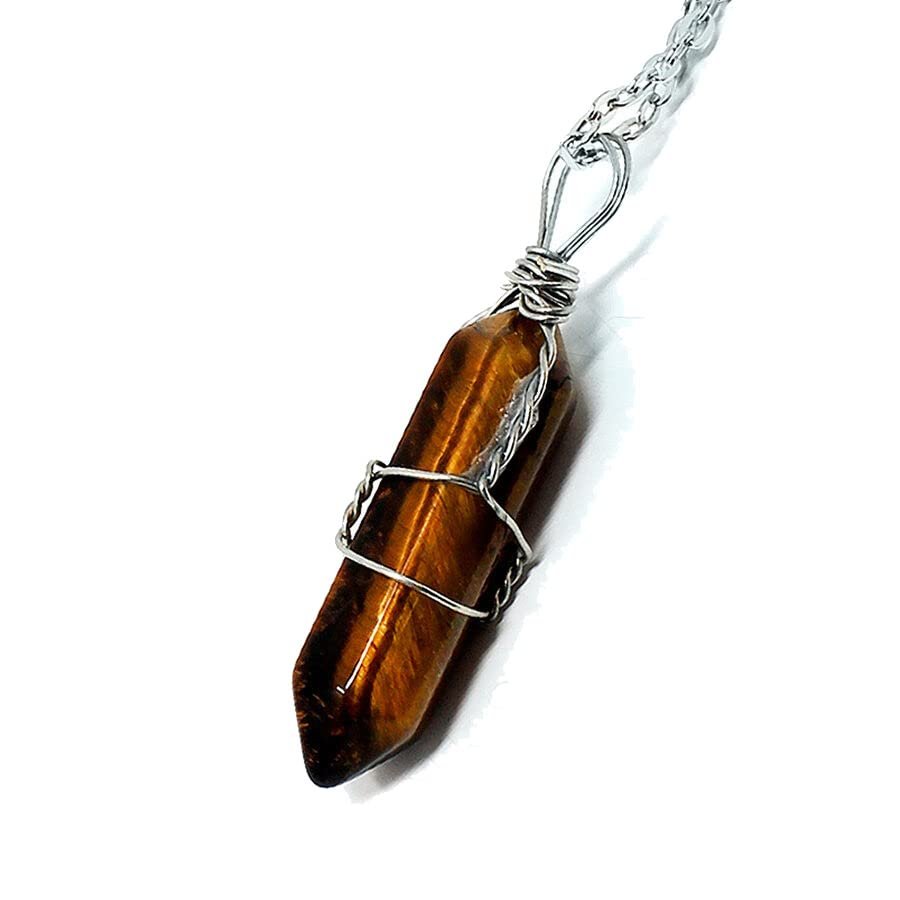 1 Wire-Wrapped Crystal Necklace Gemstone Pendant with Chain Charms Tiger Eye