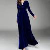 ADHOWBEW Prom Dress Womens Velvet Dress Elegant Long Sleeve Maxi Dress Flowy V Neck Long Prom Dress Formal Dresses for Women Evening Party Winter Dresses That Hide Belly Fat X-Large Dark Blue view 4