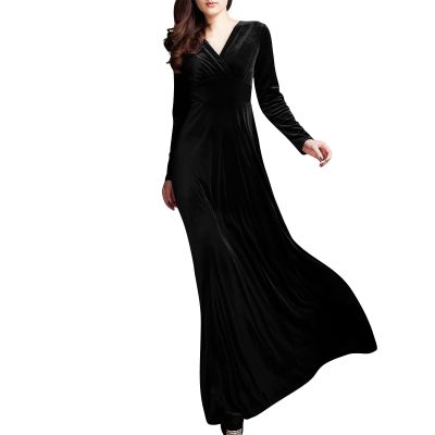 ADHOWBEW Velvet Dress for Women Elegant Long Sleeve Maxi Dress Flowy V Neck Formal Long Prom Dress Wedding Guest Dresses Plus Size Vestidos Elegantes De Mujer para Fiesta Large Black