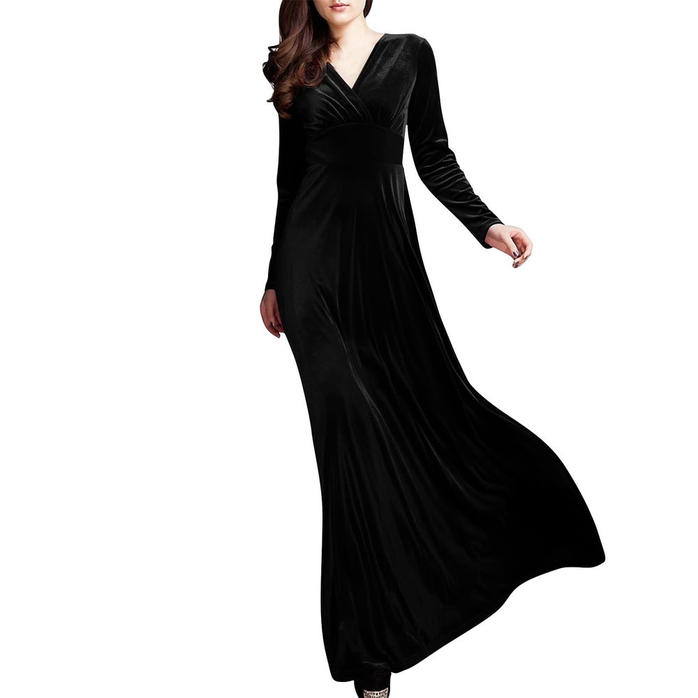 ADHOWBEW Velvet Dress for Women Elegant Long Sleeve Maxi Dress Flowy V Neck Formal Long Prom Dress Wedding Guest Dresses Plus Size Vestidos Elegantes De Mujer para Fiesta Large Black