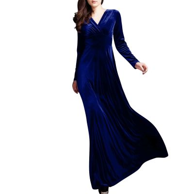 ADHOWBEW Velvet Dress for Women Elegant Long Sleeve Maxi Dress Flowy V Neck Formal Long Prom Dress Wedding Guest Dresses Plus Size Vestidos Elegantes De Mujer para Fiesta 3X-Large Dark Blue