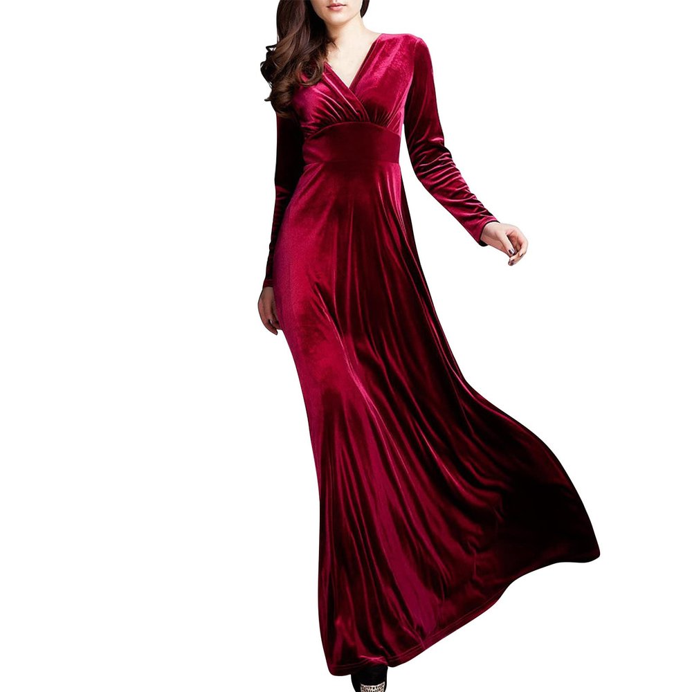 ADHOWBEW Velvet Dress for Women Elegant Long Sleeve Maxi Dress Flowy V Neck Formal Long Prom Dress Wedding Guest Dresses Plus Size Vestidos Elegantes De Mujer para Fiesta 3X-Large Wine