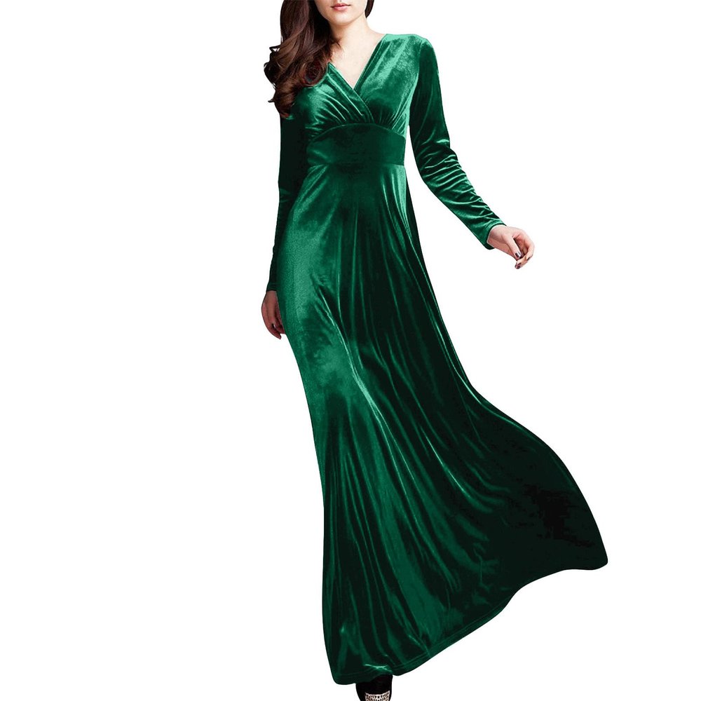ADHOWBEW Prom Dress Womens Velvet Dress Elegant Long Sleeve Maxi Dress Flowy V Neck Long Prom Dress Formal Dresses for Women Evening Party Winter Dresses That Hide Belly Fat X-Large Green