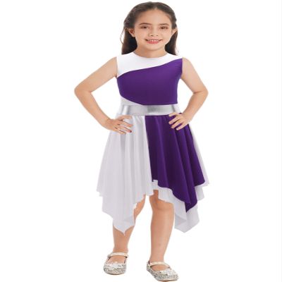 JEATHA Kids Girls Sleeveless Asymmetrical Color Block Tank Dress Lyrical Modern Contemporary Dance Costume Purple 6 Years