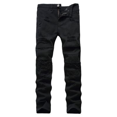 DGHM-JLMY Men's Hip-Hop Knee Hole Jeans Destroyed Distressed Tapered Leg Jeans Stretch Biker Ripped Skinny Pants (Black,27)