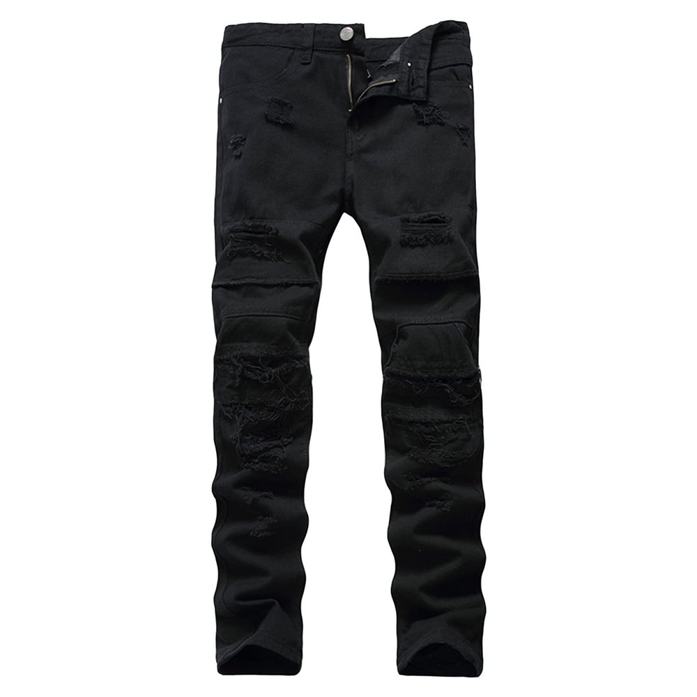 DGHM-JLMY Men's Hip-Hop Knee Hole Jeans Destroyed Distressed Tapered Leg Jeans Stretch Biker Ripped Skinny Pants (Black,27)
