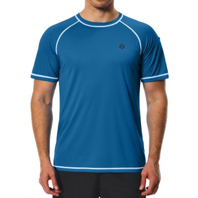 Men's Swim Shirts Quick Dry Rash Guard UPF 50+ Sun Protection Fishing Beach Water Shirts Short Sleeve Ocean Blue