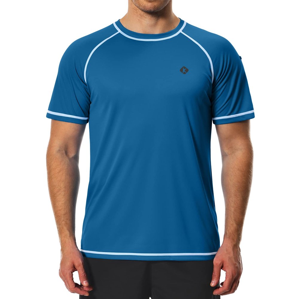 Men's Swim Shirts Quick Dry Rash Guard UPF 50+ Sun Protection Fishing Beach Water Shirts Short Sleeve Ocean Blue