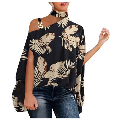 Off The Shoulder Tops,Vintage Tees for Women Vintage Shirts Women's Tops Women's One Shoulder Casual Shirts Fake Collar Floral Print Fashion Loose Top T Waist Tops for Women(Black-2,Large)