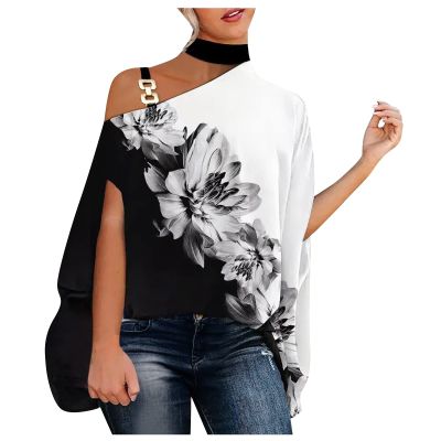 Summer Clothes for Women,Bell Sleeve Tops for Women V Neck Long Sleeve Shirts for Women Pink Women's One Shoulder Casual Shirts Fake Collar Floral Print Fashion Loose Top T Collared (White-2,Large)