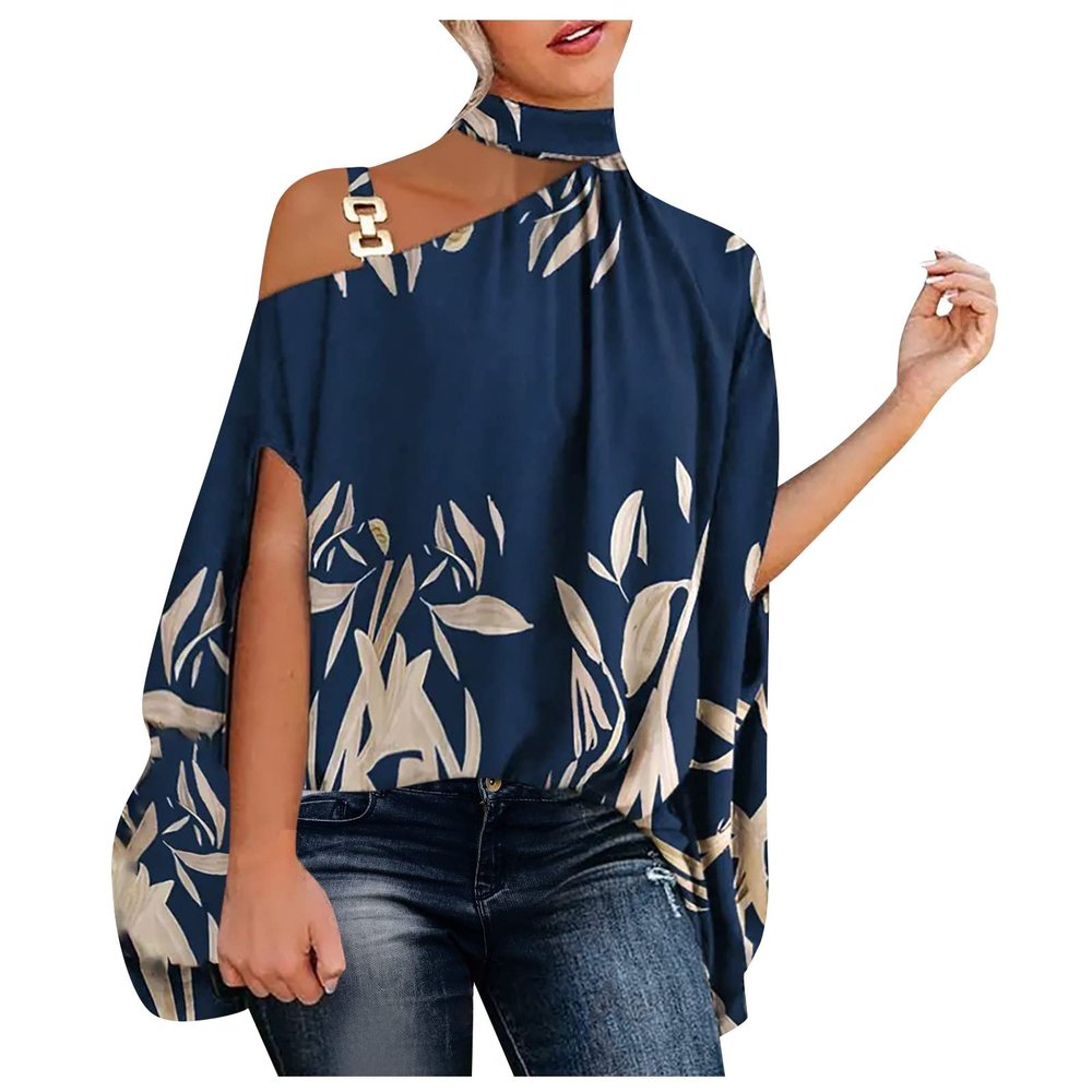 Summer Clothes for Women,Bell Sleeve Tops for Women V Neck Long Sleeve Shirts for Women 2023 Women's One Shoulder Casual Shirts Fake Collar Floral Print Fashion Loose Top T Blouses (Navy-2,X-Large)