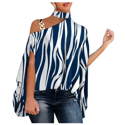 Womens Tunic Tops,Women Shirts Red Tops for Women Sexy Blue Women's One Shoulder Casual Shirts Fake Collar Floral Print Fashion Loose Top T Women Spring Clothes 2023(Blue-2,Large)