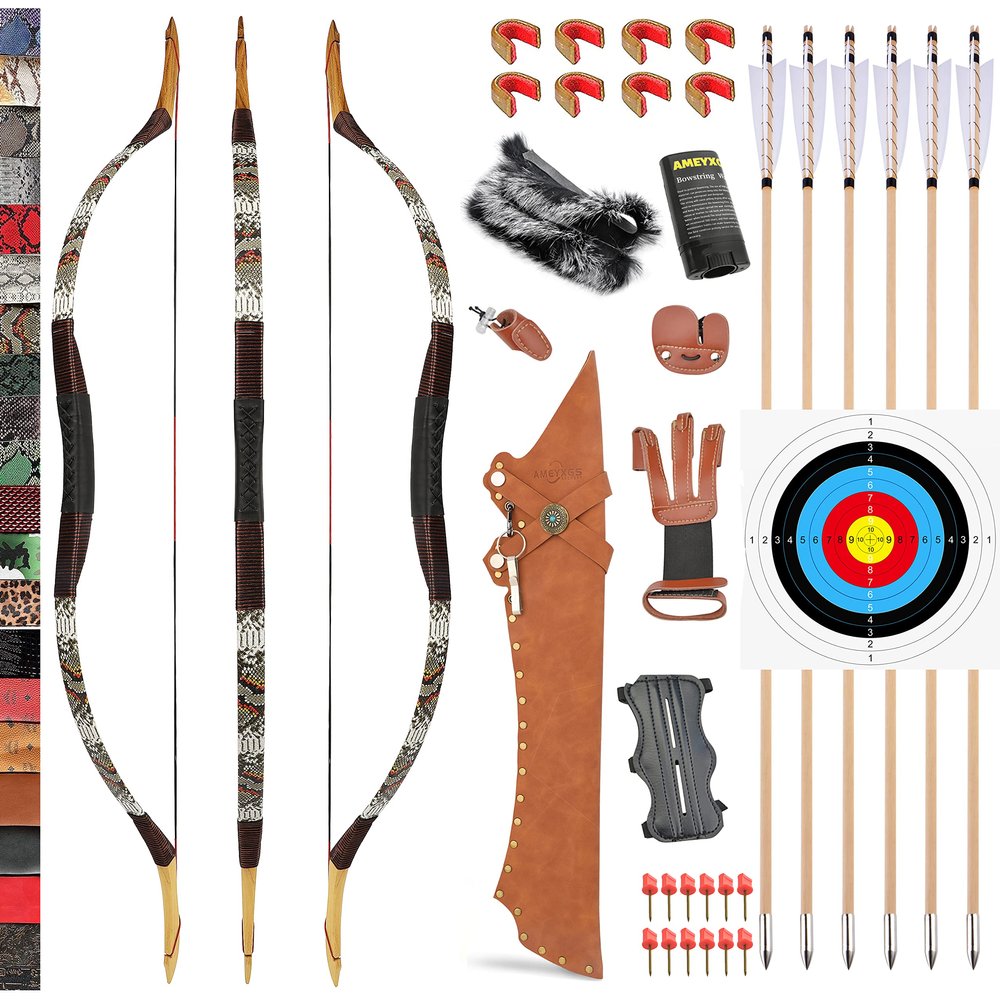 Traditional Wooden Longbow and Arrow Set Recurve Bow with Quiver Horsebow 30-50lbs Archery Hunting Target for Adult Beginner Left Right Hand (35LBS, 7)
