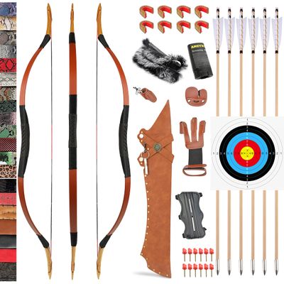 Traditional Wooden Longbow and Arrow Set Recurve Bow with Quiver Horsebow 30-50lbs Archery Hunting Target for Adult Beginner Left Right Hand (40LBS, 17)