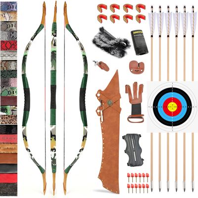 Traditional Wooden Longbow and Arrow Set Recurve Bow with Quiver Horsebow 30-50lbs Archery Hunting Target for Adult Beginner Left Right Hand (25LBS, 12)