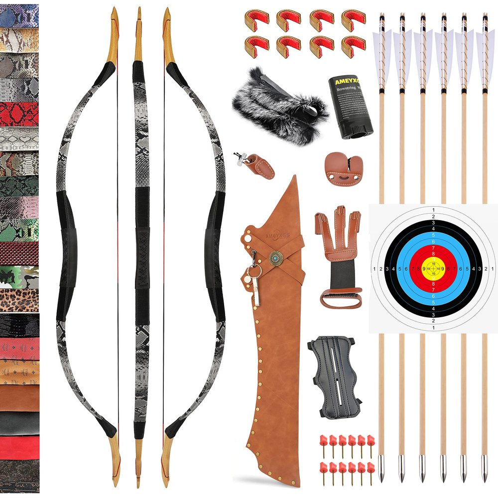Traditional Wooden Longbow and Arrow Set Recurve Bow with Quiver Horsebow 30-50lbs Archery Hunting Target for Adult Beginner Left Right Hand (40LBS, 4)