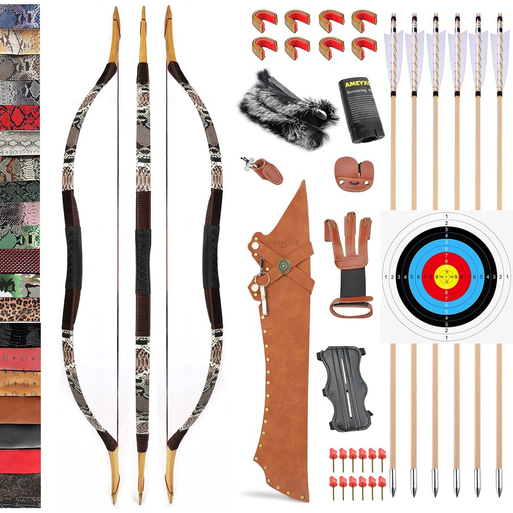 Traditional Wooden Longbow and Arrow Set Recurve Bow with Quiver Horsebow 30-50lbs Archery Hunting Target for Adult Beginner Left Right Hand (40LBS, 3)