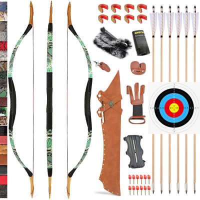 Traditional Wooden Longbow and Arrow Set Recurve Bow with Quiver Horsebow 30-50lbs Archery Hunting Target for Adult Beginner Left Right Hand (35LBS, 10)