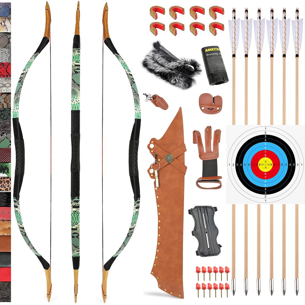 Traditional Wooden Longbow and Arrow Set Recurve Bow with Quiver Horsebow 30-50lbs Archery Hunting Target for Adult Beginner Left Right Hand (35LBS, 10)