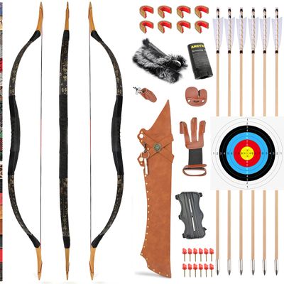 Traditional Wooden Longbow and Arrow Set Recurve Bow with Quiver Horsebow 30-50lbs Archery Hunting Target for Adult Beginner Left Right Hand (25LBS, 21)