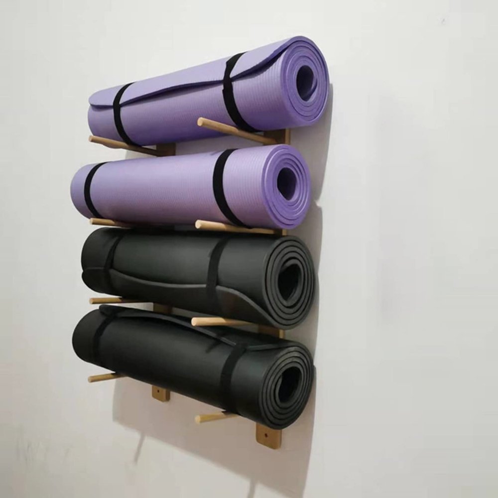 LXLZYXSF Bamboo Yoga Mats Rack Foam Roller Holder, Wall Mounted Organizer for Resistance Bands, Jump Ropes, Workout Mats, 4 6 9 Layers Shelf (Size : 4 Tiers 72cm/28.3inch)