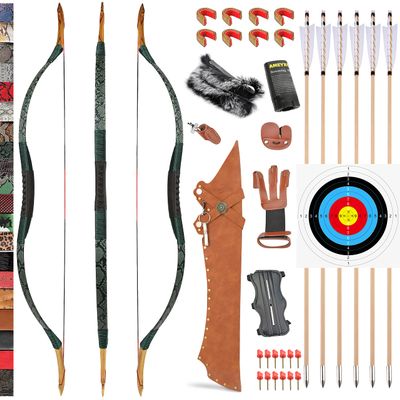 Traditional Wooden Longbow and Arrow Set Recurve Bow with Quiver Horsebow 30-50lbs Archery Hunting Target for Adult Beginner Left Right Hand (50LBS, 8)
