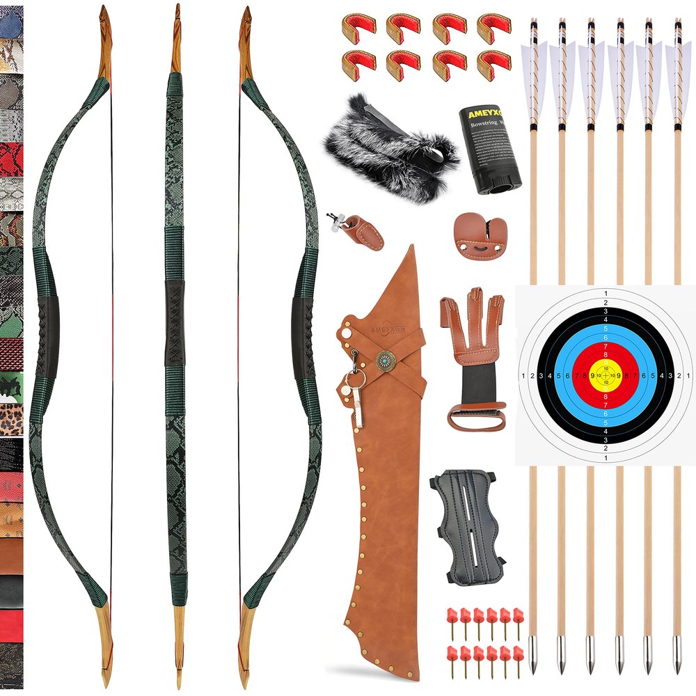 Traditional Wooden Longbow and Arrow Set Recurve Bow with Quiver Horsebow 30-50lbs Archery Hunting Target for Adult Beginner Left Right Hand (50LBS, 8)