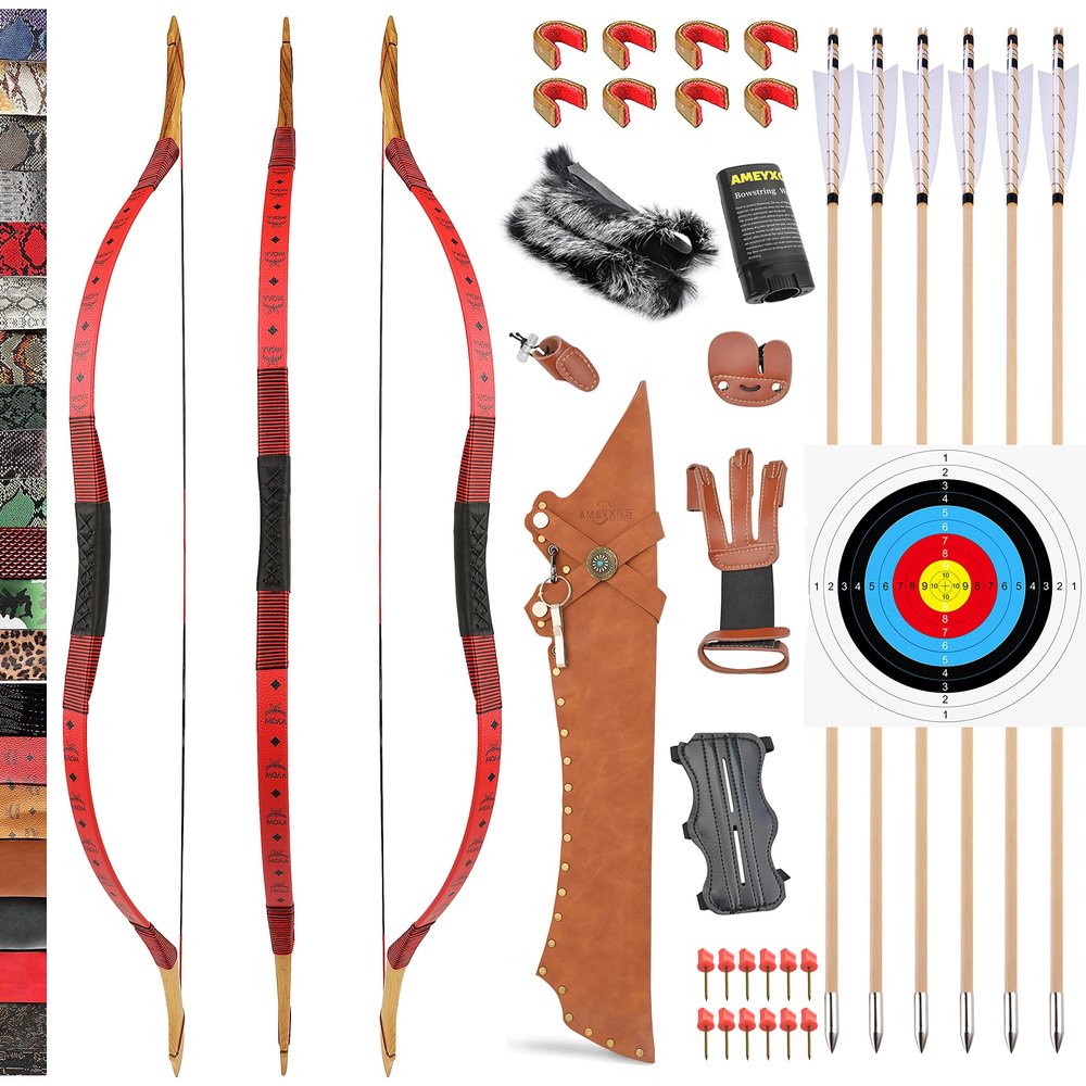 Traditional Wooden Longbow and Arrow Set Recurve Bow with Quiver Horsebow 30-50lbs Archery Hunting Target for Adult Beginner Left Right Hand (35LBS, 15)