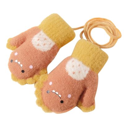 YOLAI Thermal Toddler Boys Girls Knitted Gloves Kids Winter Warm Gloves Cute Cartoon Dinosaur Mittens with Rope 1~4T (Orange, One Size)