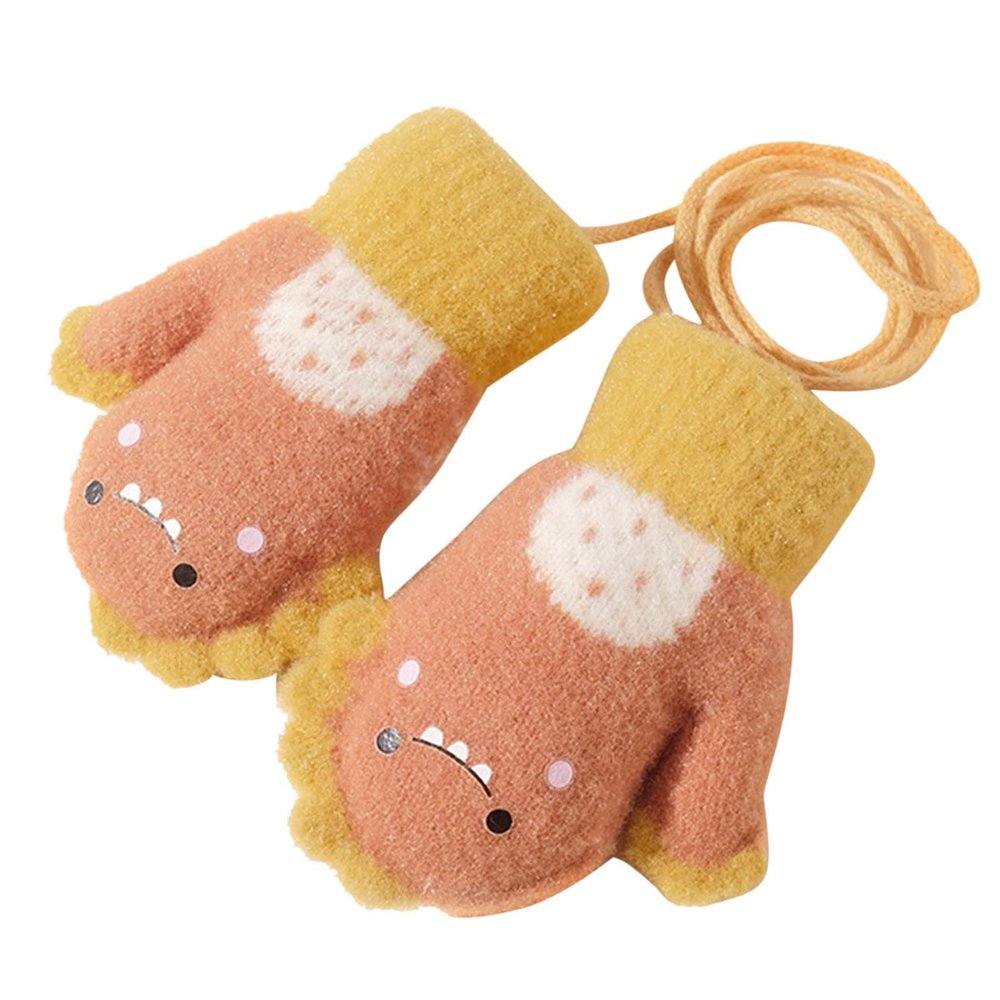 YOLAI Thermal Toddler Boys Girls Knitted Gloves Kids Winter Warm Gloves Cute Cartoon Dinosaur Mittens with Rope 1~4T (Orange, One Size)