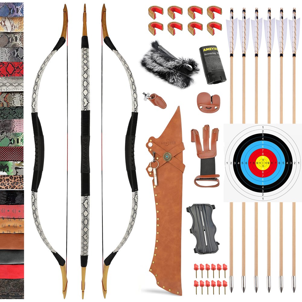 Traditional Wooden Longbow and Arrow Set Recurve Bow with Quiver Horsebow 30-50lbs Archery Hunting Target for Adult Beginner Left Right Hand (35LBS, 6)