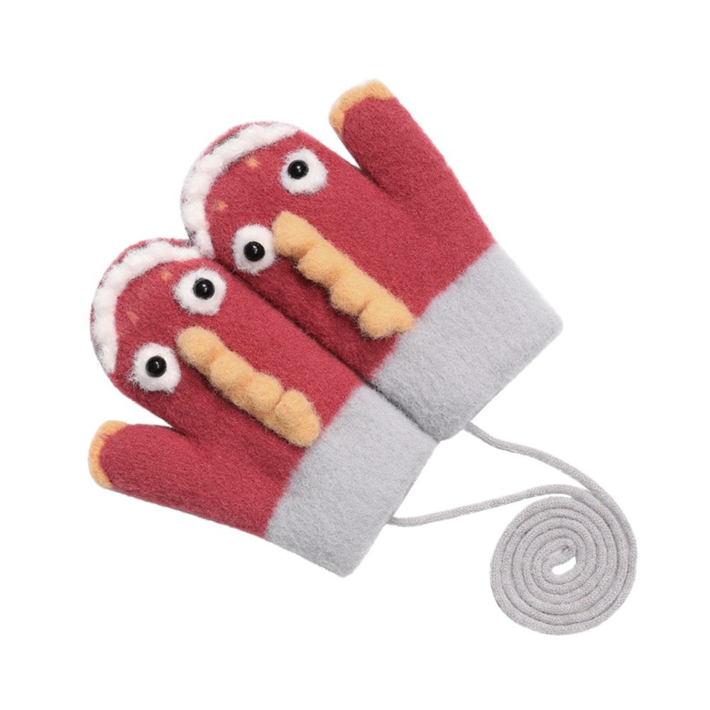 YOLAI Thermal Toddler Boys Girls Winter Knitted Gloves Kids Soft Warm Gloves Cartoon Dinosaur Mittens with Rope 2~4T (Red, One Size)