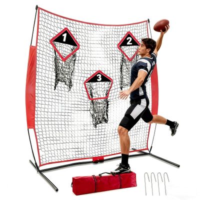MiniTang Football Throwing Target Net - 6x6FT 7-Ply Knotless Polyester Training Equipment with 3 Catching Zones for Youth Adult - Heavy Duty Steel Base System for Backyard Field Practice
